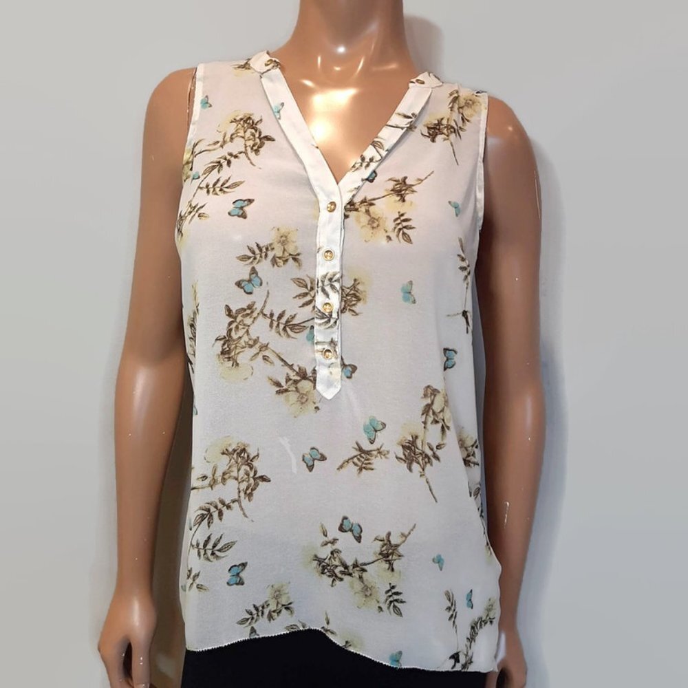 💠DYNAMITE Sheer Sleeveless Henley Top Butterfly Vneck Summer Blouse